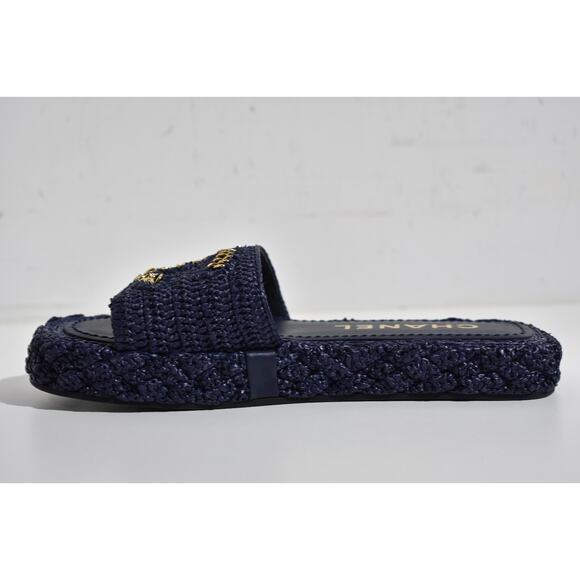 Chanel 21C Navy Blue Cord Gold Chain CC Logo Mule Slide Slip On Sandal Flat 37 - Picture 9 of 12